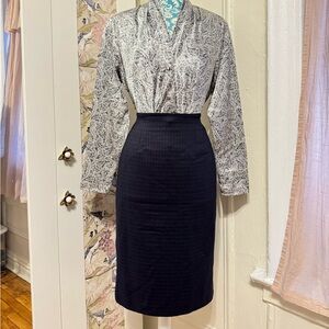 Vintage Paul Stuart Blue Grid Pattern Pencil Skirt